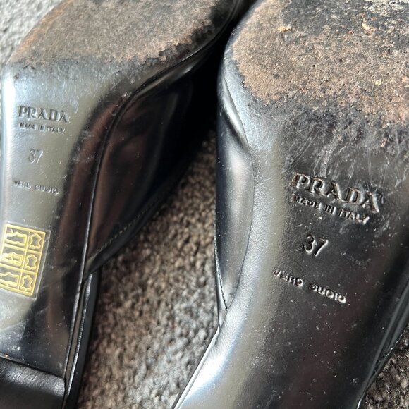 Prada Mules Black Leather Slip On Kitten Heels Slides Shoes Size 37 Made Italy - Picture 12 of 16